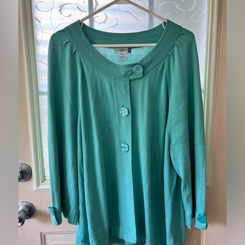 Willow Bay 2x turquoise long sleeve cardigan with large button details.